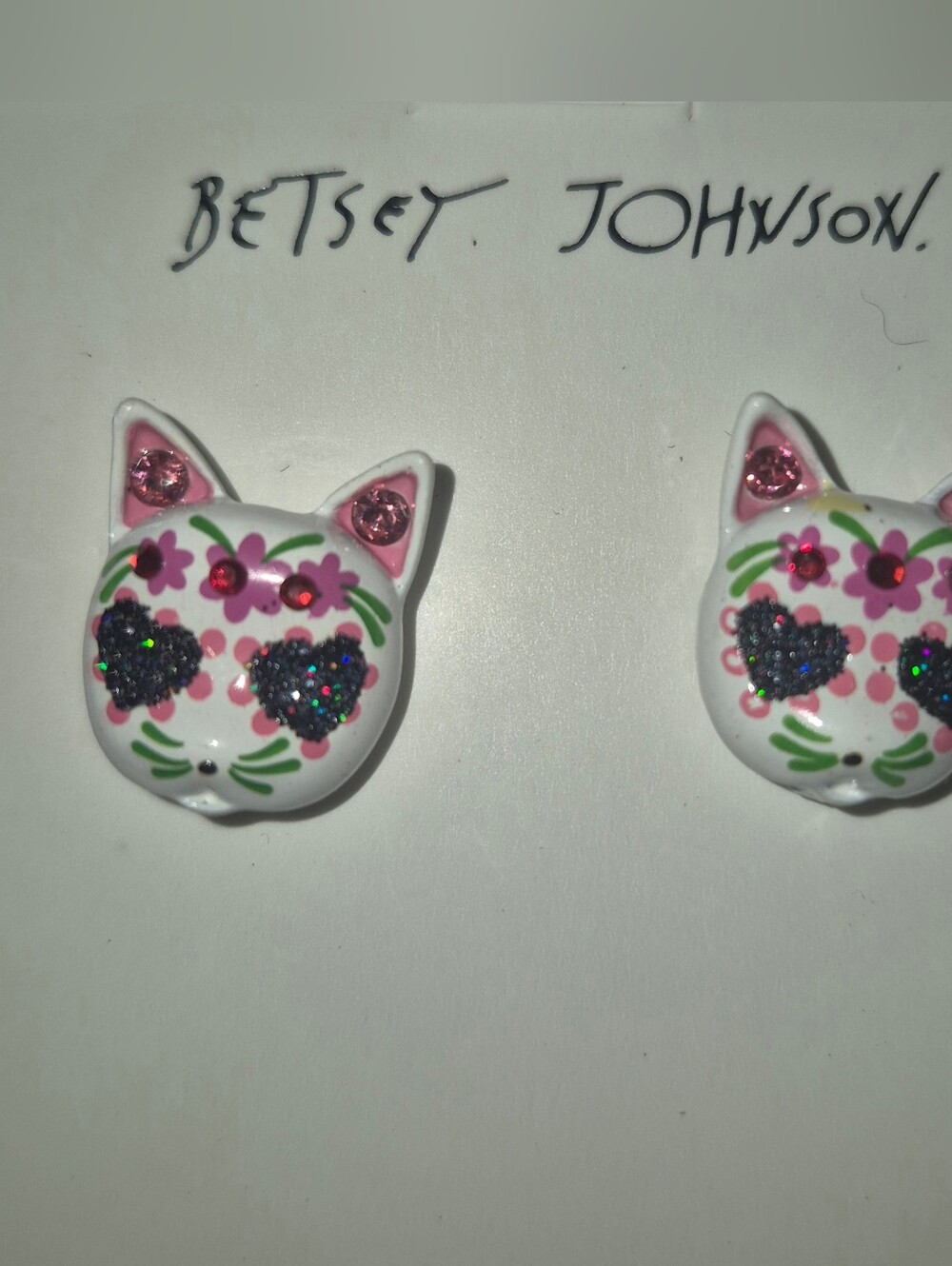 Betsey Johnson White Sugar Skull Cat Face Stud Earrings with Pink & Green Accent